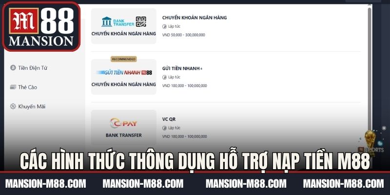 Các hình thức thông dụng hỗ trợ nạp tiền M88
